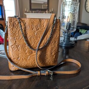 Patricia Nash Tan Embossed Floral Leather Crossbody